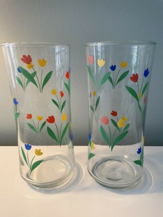 2 Vintage Libbey Red Blue Yellow Green Tulip Glasses Tumblers