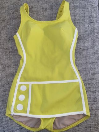 Vintage Bathing Suit Size 12 1960’s ? Yellow With White Detail