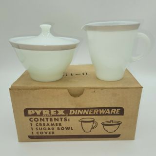 W/box Vintage Pyrex Glass Creamer And Sugar Bowl W/lid Grey Stripe Rim