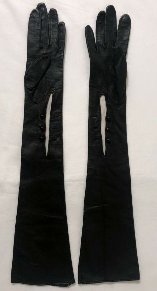 Size 6 1/2,  21 Inch Vintage Black Long French Kidskin Leather Opera Gloves