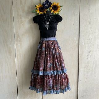 Vintage Gunne Sax Jessica Mcclintock Tiered Brown Floral Print Midi Skirt 5