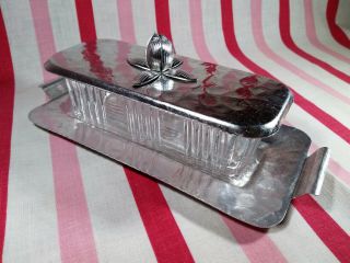 Vintage Ornate 3pc Butter Dish Hammered Aluminum Tray Tulip Handle Glass Insert