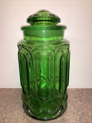Large 11 1/4 " Le Smith Moon & Stars Green Glass Canister Apothecary Old Vintage