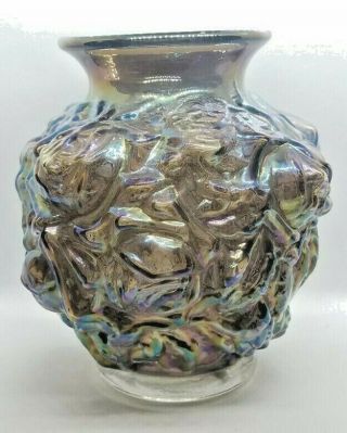 Vintage Imperial Carnival Glass Vase,  Purple Iridescent.  Cabbage Rose Pattern
