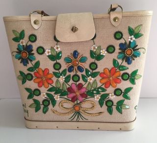 Vintage 1960s Enid Collins Of Texas Canvas & Leather Jewel Bokay Bucket Bag