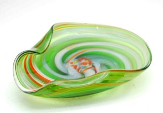 Vintage Murano Art Glass Green Swirl Candy Trinket Dish Folded