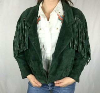 Vintage Leather Fringe Jacket M Medium Cropped Green Suede Western Boho Festival
