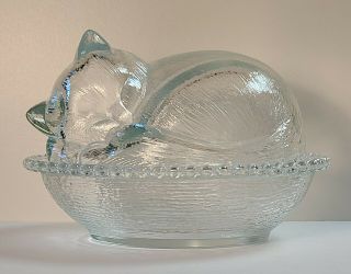 Vintage Indiana Glass Sleeping Kitten Cat Kitty Nest Basket Candy Dish Clear
