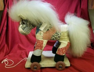 Apple Tree & Friends " Pony " Artist Horse Vintage Quilt Sheep Hair Pull Along