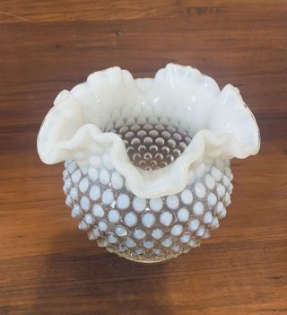Vtg Fenton Moonstone Opalescent White Hobnail Ruffled Edge Vase Bowl 5 In High