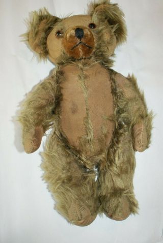 Antique 16 Inch Tall Teddy Bear With Glass Eyes & Jointed Arms & Legs