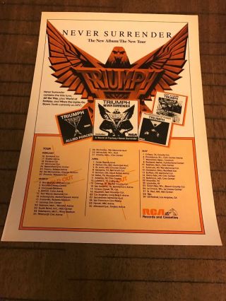 1983 Vintage 8x11 Album Promo Print Ad For Triumph " Never Surrender ",  Tour Dates