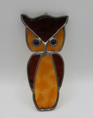 Vintage Stained Glass Sun Catcher Brown Owl Window Ornament