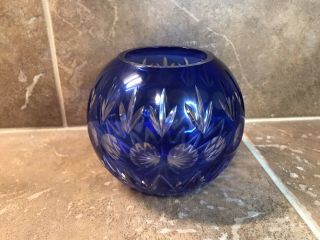 Vintage Bohemian Czech Art Glass Cobalt Blue Cut To Clear Round Rose Bowl/votive