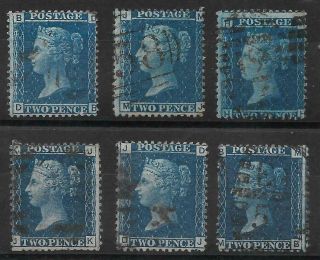 Gb 1858 - 76.  2d.  Blue,  Plates 7,  8,  9,  13,  14,  15.  Good - Fine.  Sg45 - 47.  (1842)
