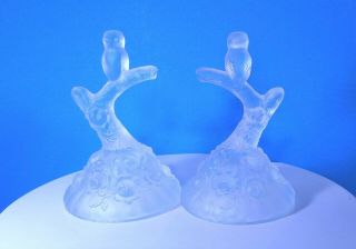 Vintage Two 2 - Fenton Art Glass Owl Ring Tree Holder Clear Frosted Satin Mcm Vgc