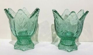 Pair,  Fenton Glass,  2 - N - 1 Tulip Candle Holders,  Sea Mist Green,  For Votive - Taper