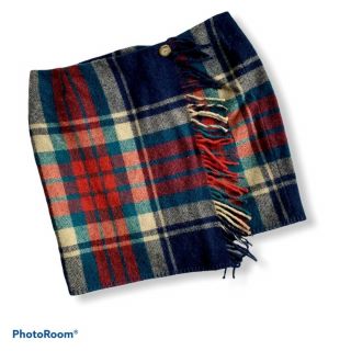 Vintage Ralph Lauren Country Sz 8 Blanket Wrap Mini Skirt Wool Fringe Trim Plaid
