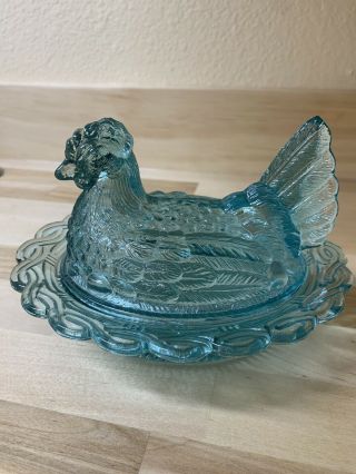Vintage Aqua Hen On Nest Dish.  Made By Mosser.