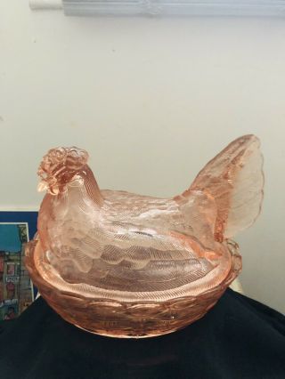 Hen On Nest Pink Depression Glass Dish Large Size 9 Inches X 8 Inches.