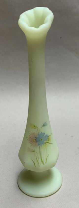 Vintage Fenton Yellow Custard Glass Bud Vase,  Dianthus,  Signed,  Labels