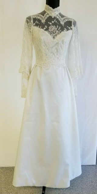 70’s Victorian Lace/satin Wedding Gown With Juliet Sleeves And Train - Small