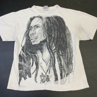 Vintage 90s Bob Marley Shirt L Reggae Music Band All Over Graphic Fade Distress