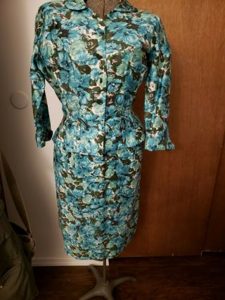 1950s Vintage 2 Piece Spring Floral Wiggle Dress And Fitted Peplum Jacket