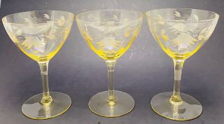 3 Vintage Optic Panel Etched Yellow Floral Wine Glasses Stem Goblets 5 3/8 "