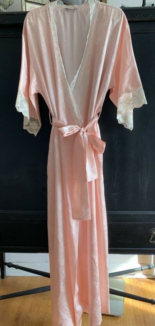 Vtg Christian Dior Pale Pink Embossed Poly Satin Full Length Wrap Robe Medium