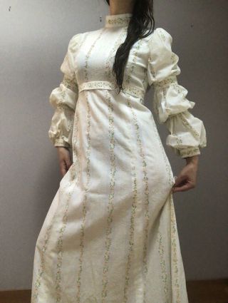 Vintage 70s Cotton Floral Puff Sleeve Gown Womens Xs/s Gunne Sax Laura Ashley