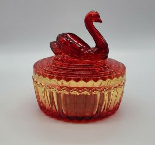 Vintage Jeanette Amberina Glass Swan Powder Lipstick Trinket Box Jar Dish Red