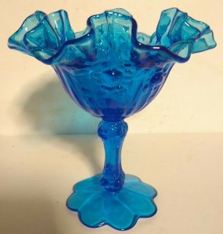 Colonial Blue Fenton Glass Cabbage Rose Pattern Footed Ruffled Compote 6 1/4”