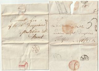 1790/91 2 X London Letters To Lee 16th Light Dragoons At Maidstone & Thetford