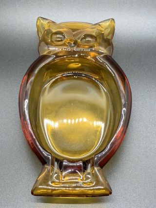 Vintage Mid - Century Modern Viking Glass Amber Owl Bird Ash Tray Spoon Rest - Retro