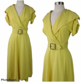 Vintage 1950s Yellow Wrap Dress With Shawl Collar & Belt Womens Bust 37