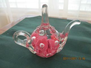 Joe St.  Clair Art Glass Teapot Paperweight Ring Holder 4 1/2 " Pink/coral