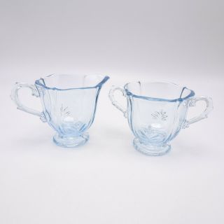 Vintage Elegant Glass Fostoria Baroque Azur Blue Creamer And Sugar Bowl Set