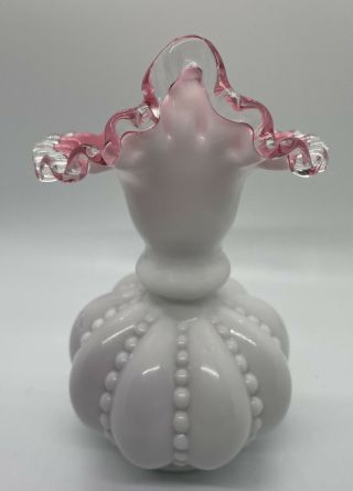 Vintage Fenton Melon Vase Pink Silver Crest Rim Jack in Pulpit Beaded Milk Glass 3