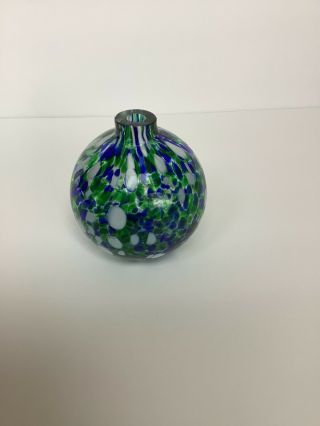 Hand Blown Art Glass Bud Vase Blue,  Green And White Pattern