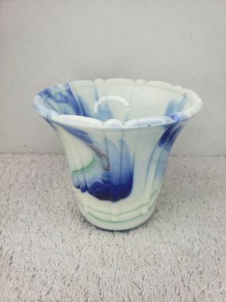 Vintage Akro Agate Blue White Marble Swirl Slag Glass Vase Pot Candle Votive