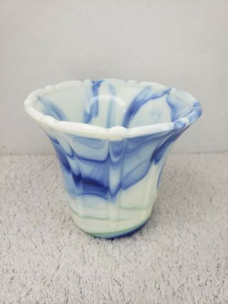Vintage Akro Agate Blue White Marble Swirl Slag Glass Vase Pot Candle Votive 2