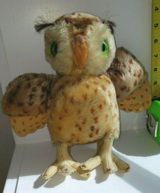 Steiff Wittie Owl Mohair Plush Large 9 " Green Glass Eyes 1950 
