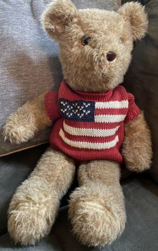 B.  Moss Clothing Co.  Vintage Teddy Bear Plush Toy Doll In Red Flag Sweater.  Usa