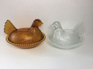 2 Vintage Indiana Glass Hen On Nest (amber Clear) Candy Dish Butter Chicken Pr1
