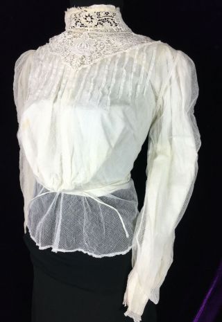 Antique Edwardian White Mesh Bodice Lace Yoke High Collar C 1900
