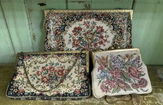 3 Vintage Floral/rose Tapestry Needlepoint Purse Bag Petit Point Retro Handbags