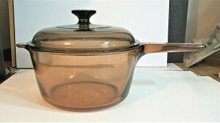 Corning Vision Ware 2.  5 L Amber Glass Pot Sauce Pan With Lid & Helper Handle