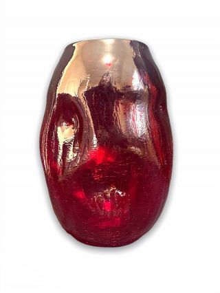 Large Vintage Mid Century Blenko Red Ruby Crackle Pinch Vase 9”
