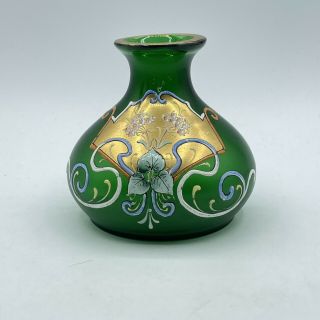 Vintage Bohemian Green Glass Bud Vase Hand Painted With Gold Trim